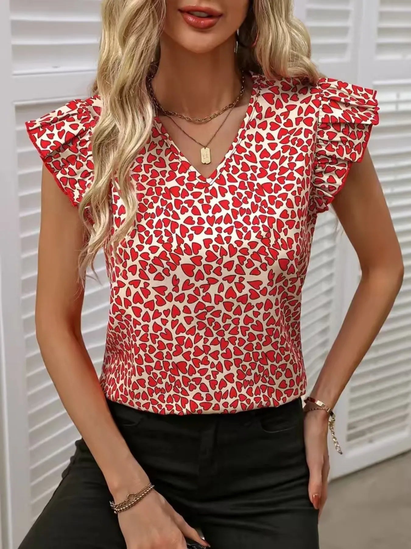 Floral Print Ruffle Sleeve V - Neck Blouse - StyleLure