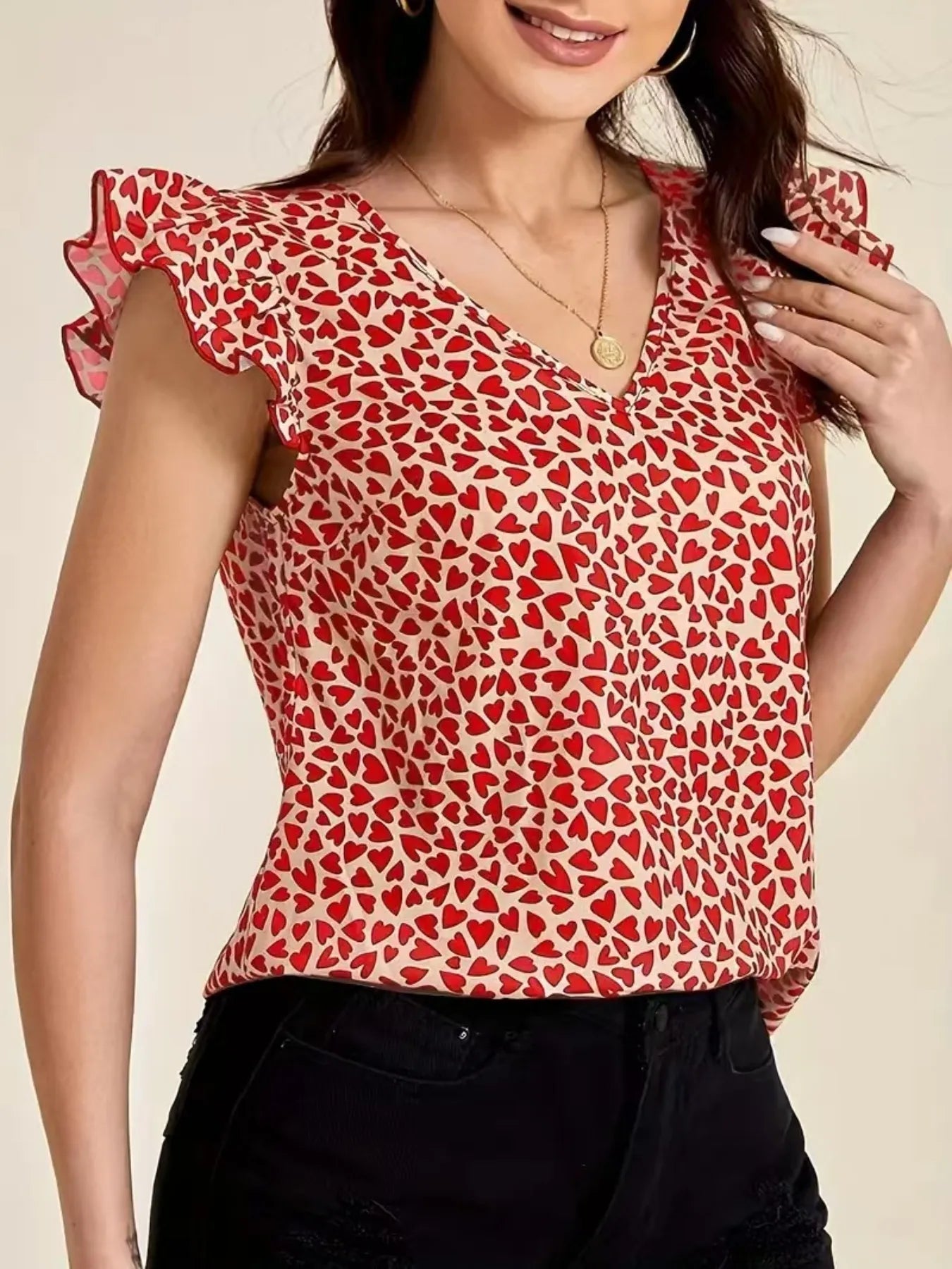 Floral Print Ruffle Sleeve V - Neck Blouse - StyleLure