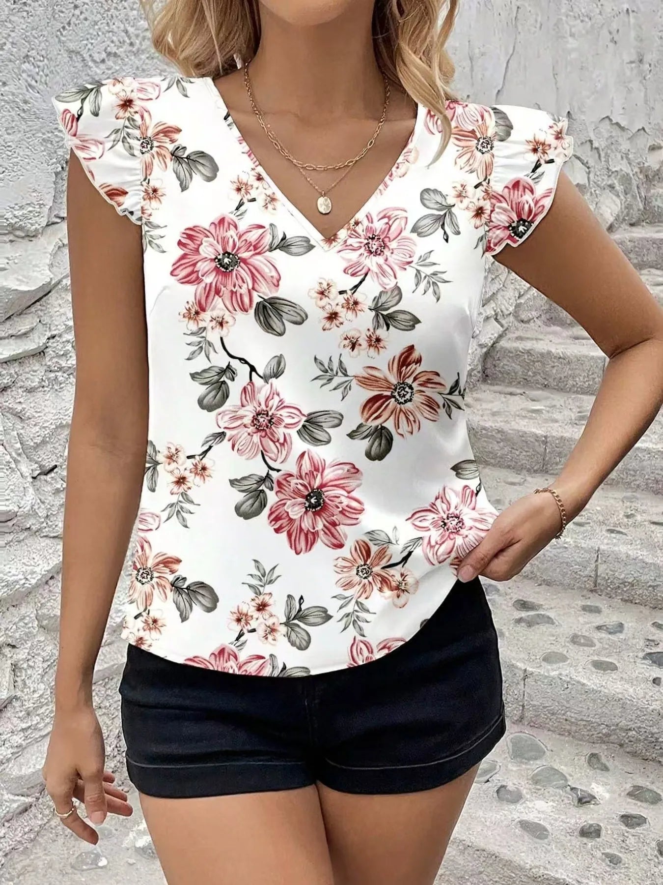 Floral Print Ruffle Sleeve V - Neck Blouse - StyleLure