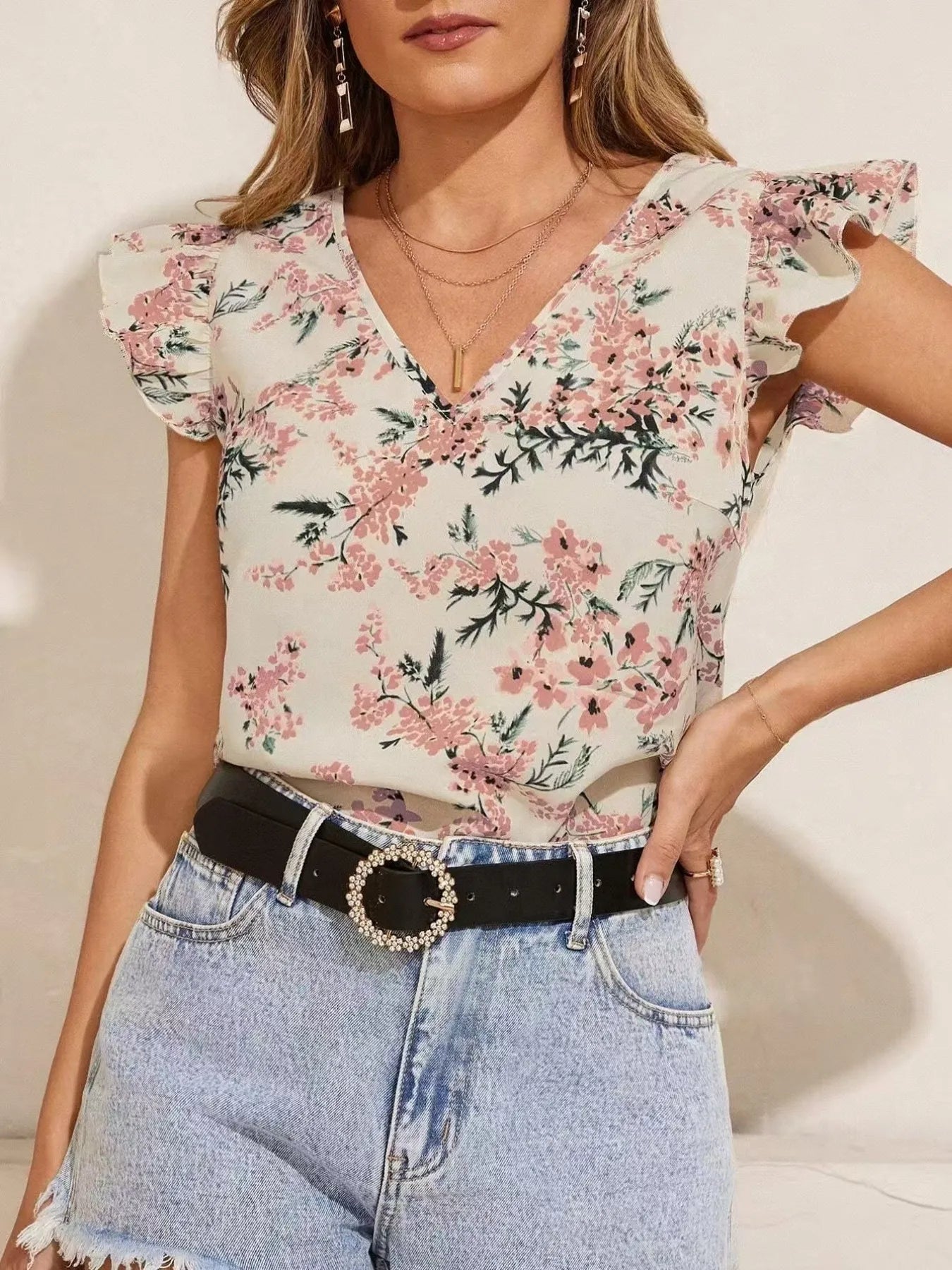 Floral Print Ruffle Sleeve V - Neck Blouse - StyleLure
