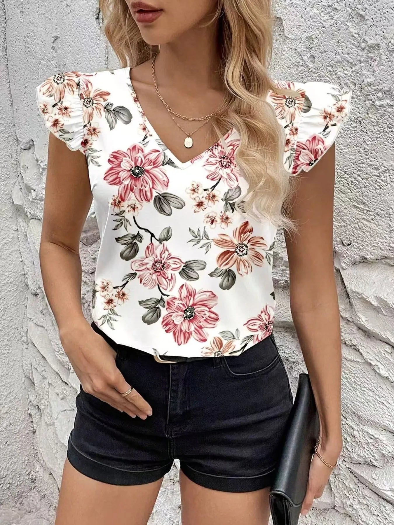 Floral Print Ruffle Sleeve V - Neck Blouse - StyleLure