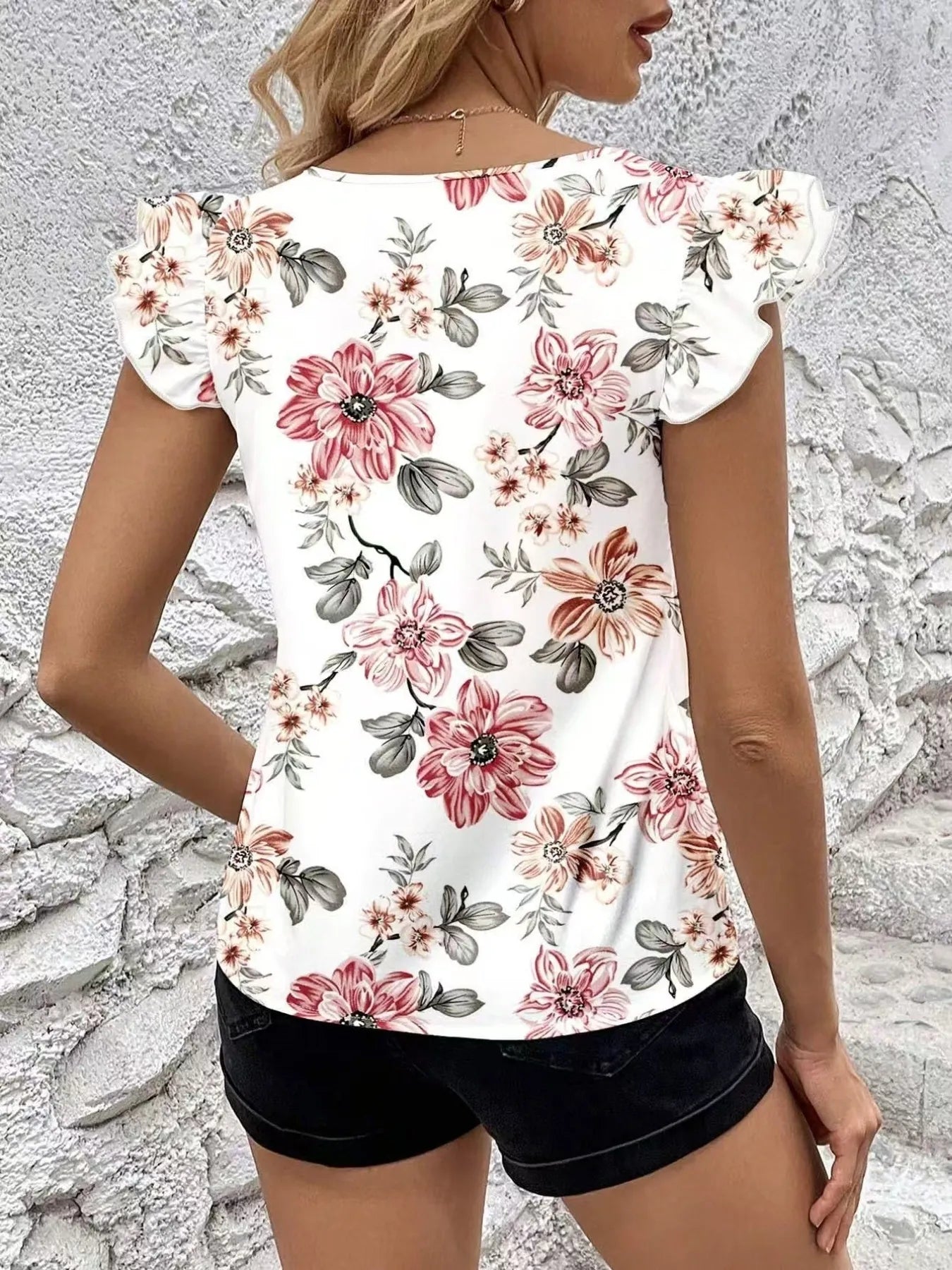 Floral Print Ruffle Sleeve V - Neck Blouse - StyleLure