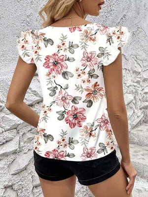 Floral Print Ruffle Sleeve V - Neck Blouse - StyleLure