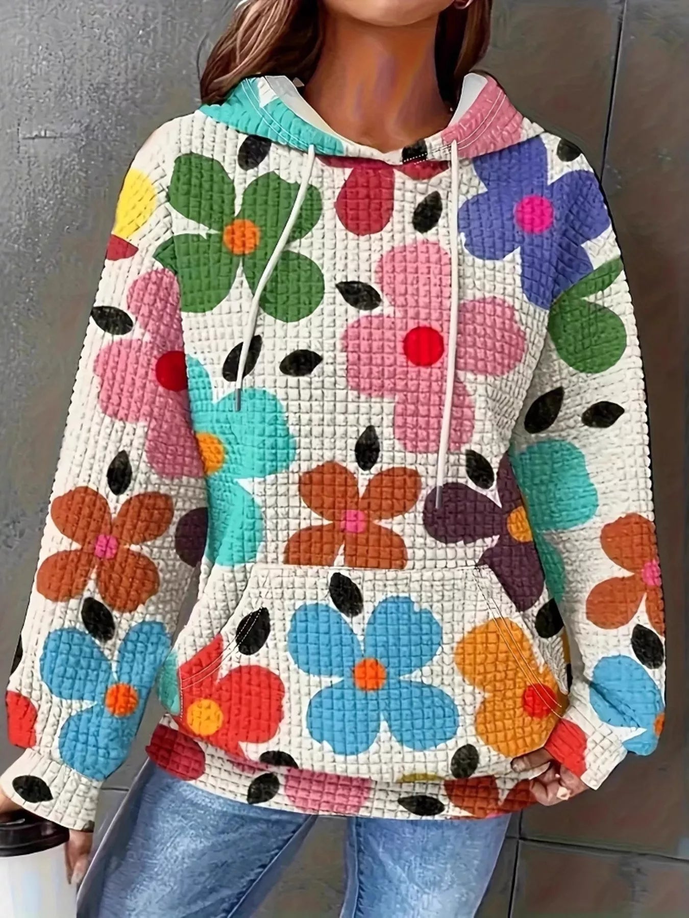 Floral Print Textured Drawstring Hoodie - StyleLure