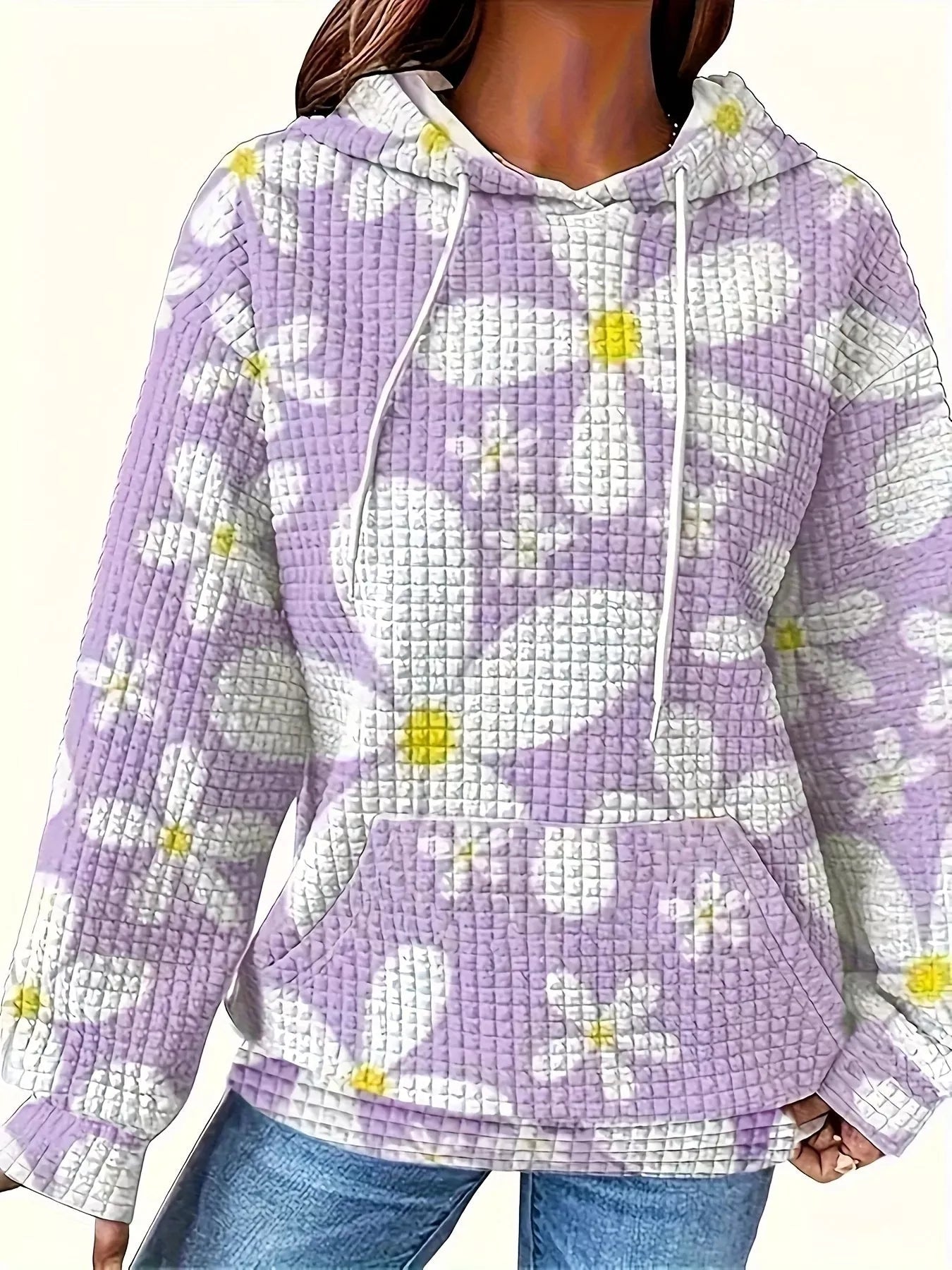 Floral Print Textured Drawstring Hoodie - StyleLure