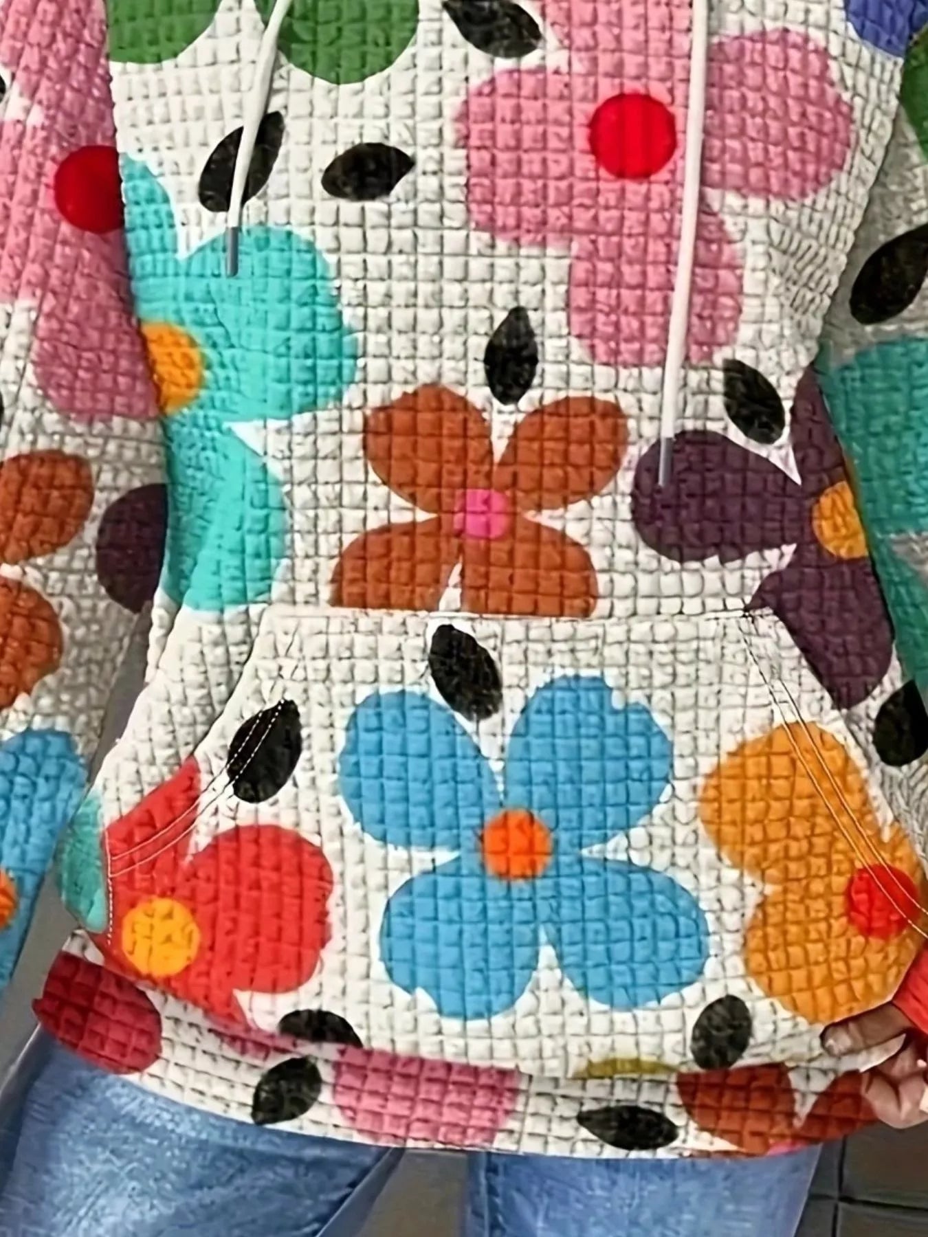 Floral Print Textured Drawstring Hoodie - StyleLure