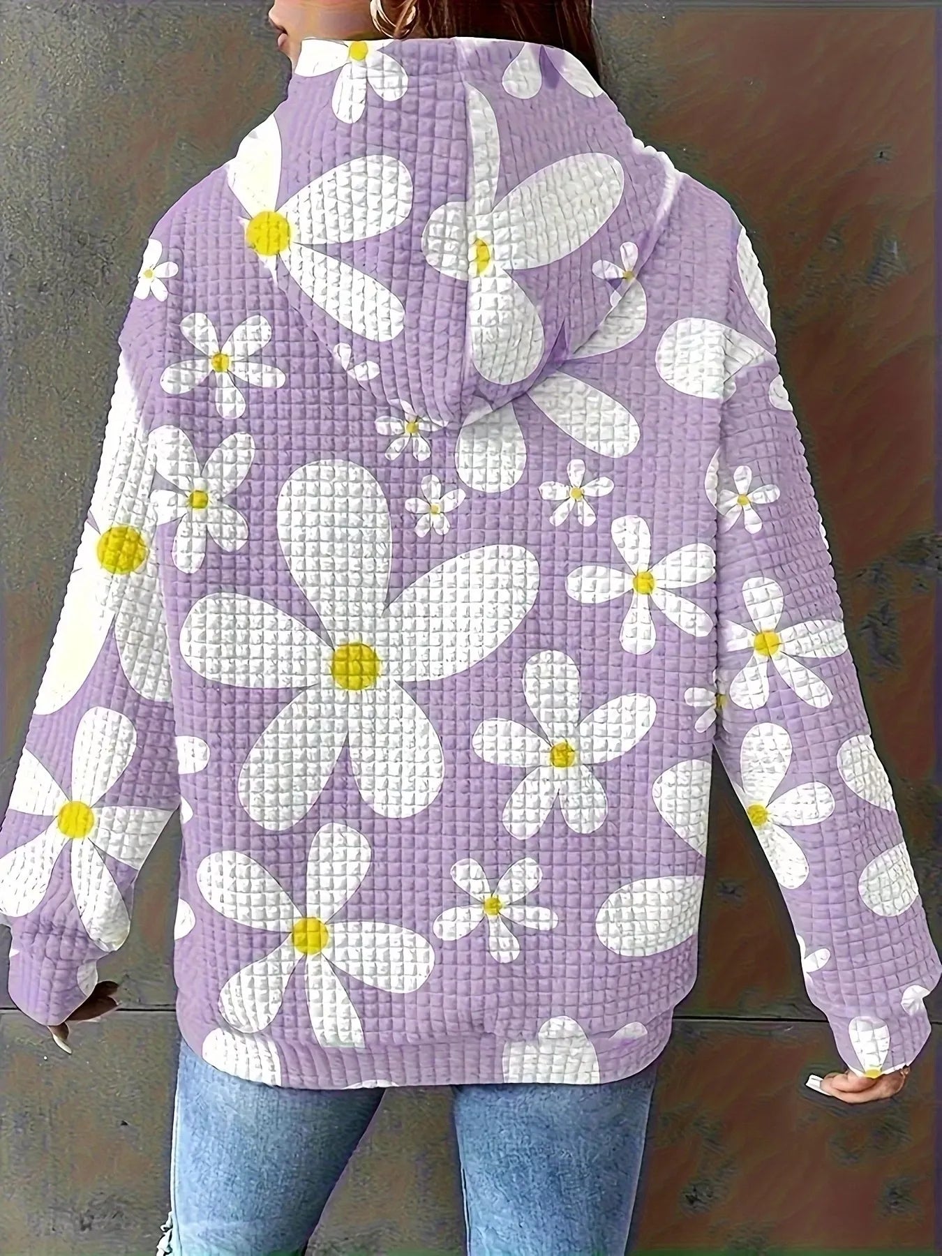 Floral Print Textured Drawstring Hoodie - StyleLure