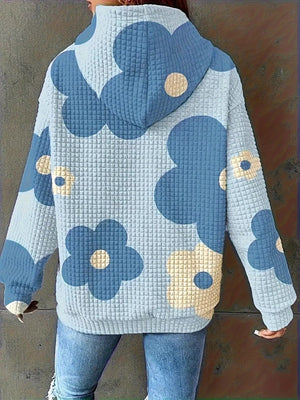 Floral Print Textured Drawstring Hoodie - StyleLure