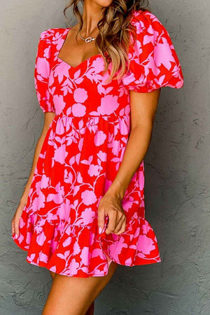 Floral Puff Sleeve Sweetheart Neck Ruffled Mini Dress - StyleLure