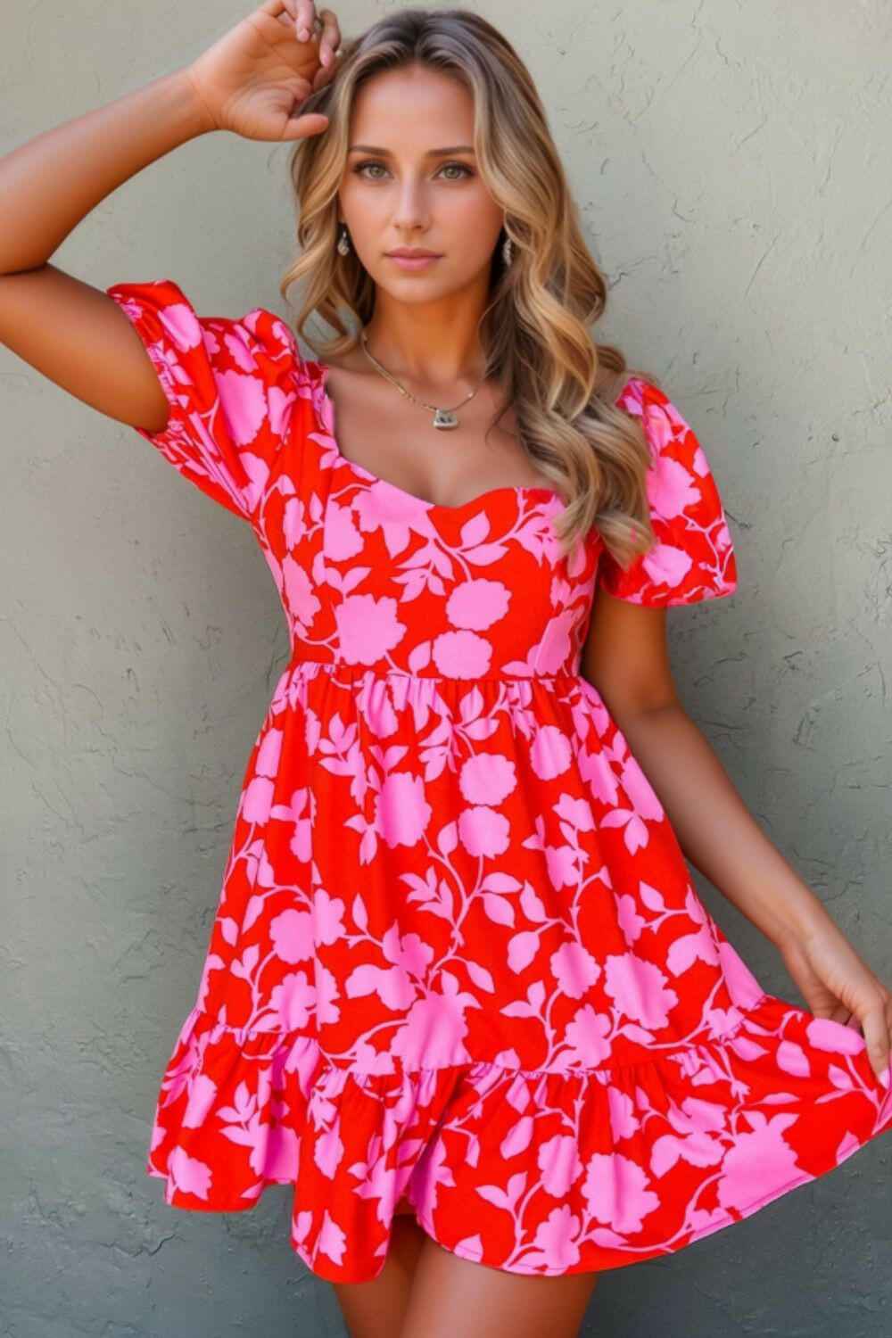 Floral Puff Sleeve Sweetheart Neck Ruffled Mini Dress - StyleLure