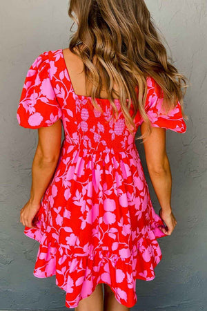 Floral Puff Sleeve Sweetheart Neck Ruffled Mini Dress - StyleLure