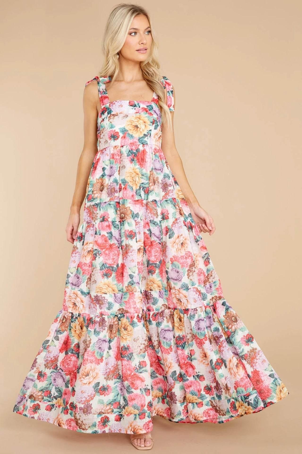 Floral Square Neck Wide Strap Maxi Dress - StyleLure