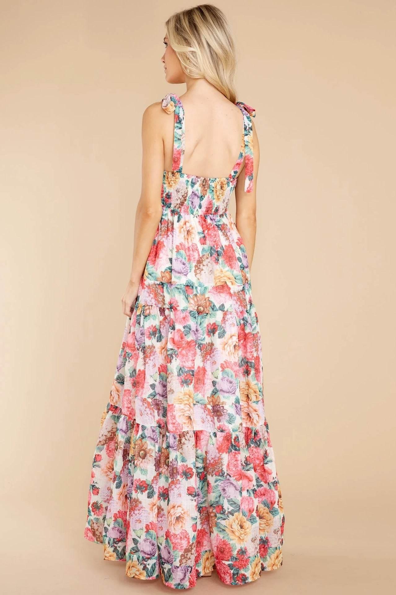 Floral Square Neck Wide Strap Maxi Dress - StyleLure