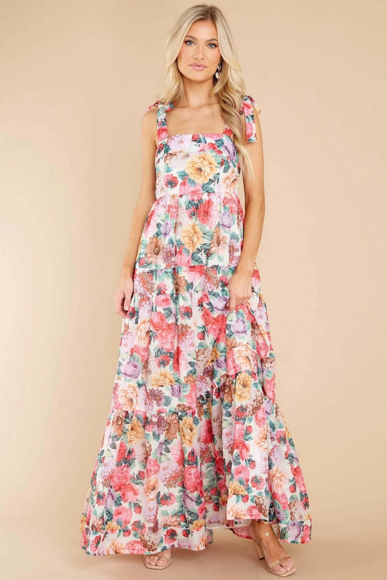 Floral Square Neck Wide Strap Maxi Dress - StyleLure