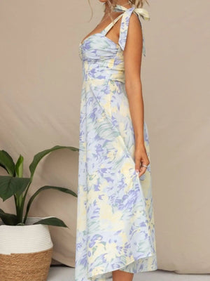Floral Tie - Strap Sweetheart Neck Midi Dress - StyleLure