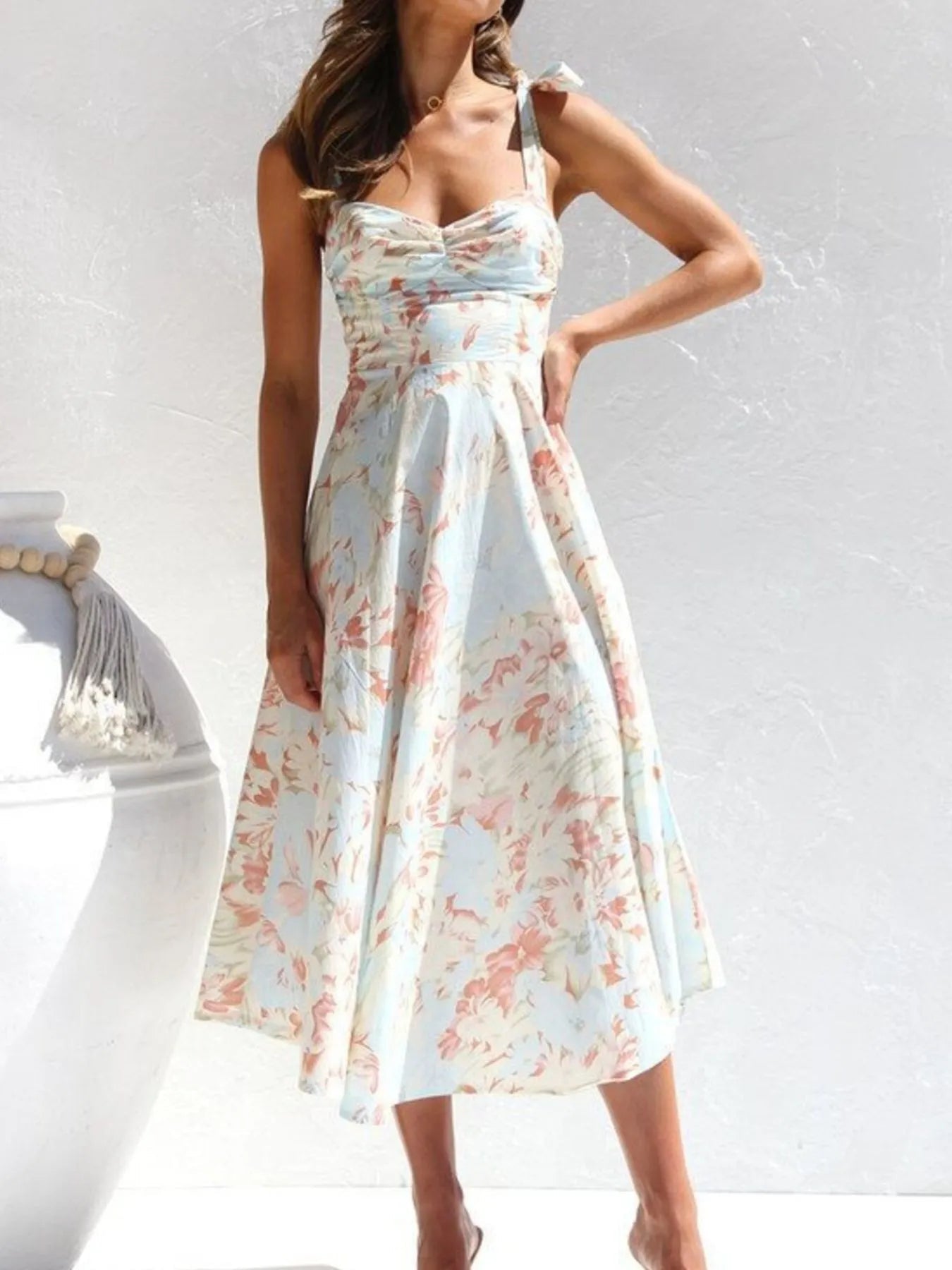 Floral Tie - Strap Sweetheart Neck Midi Dress - StyleLure