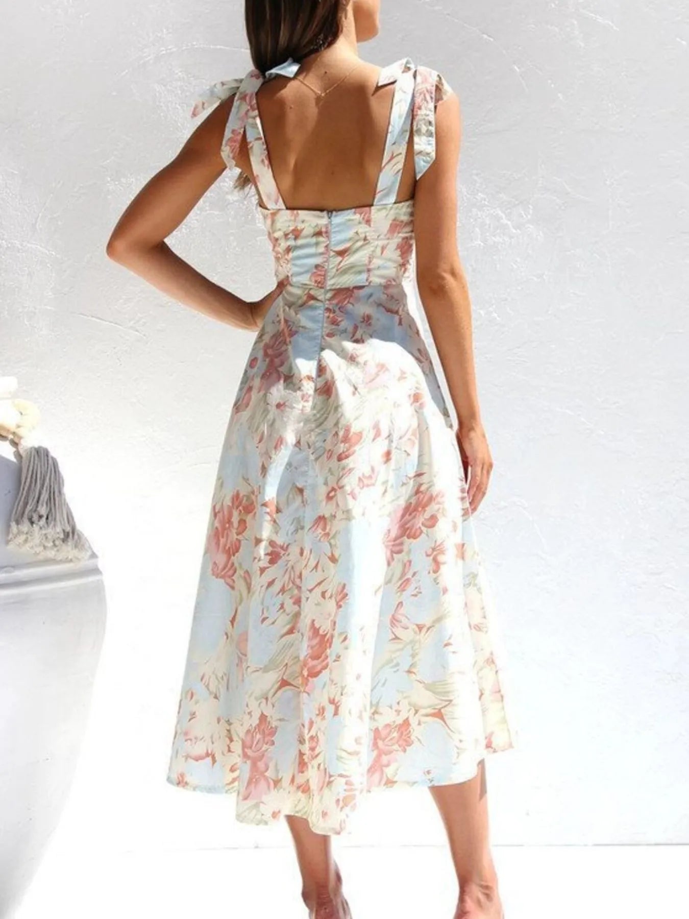 Floral Tie - Strap Sweetheart Neck Midi Dress - StyleLure