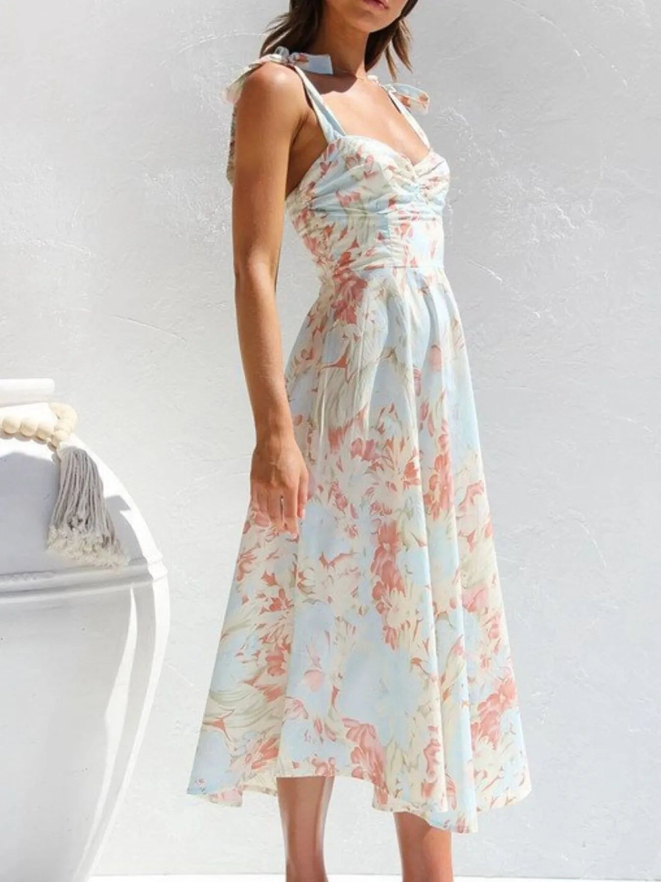 Floral Tie - Strap Sweetheart Neck Midi Dress - StyleLure