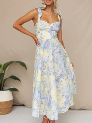 Floral Tie - Strap Sweetheart Neck Midi Dress - StyleLure