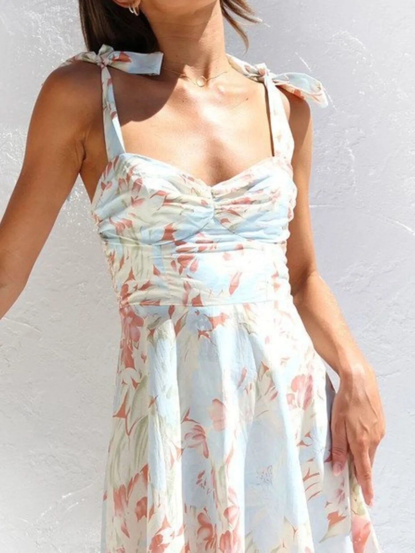 Floral Tie - Strap Sweetheart Neck Midi Dress - StyleLure