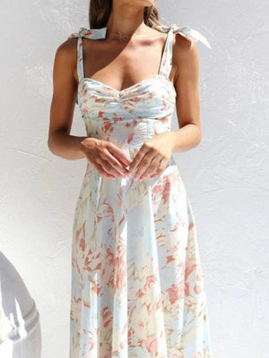Floral Tie - Strap Sweetheart Neck Midi Dress - StyleLure