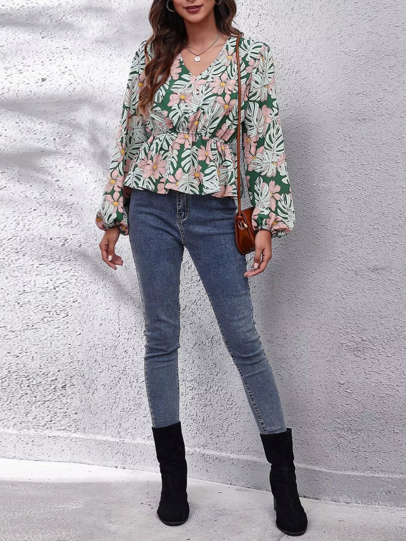 Floral V - Neck Balloon Sleeve Blouse - StyleLure