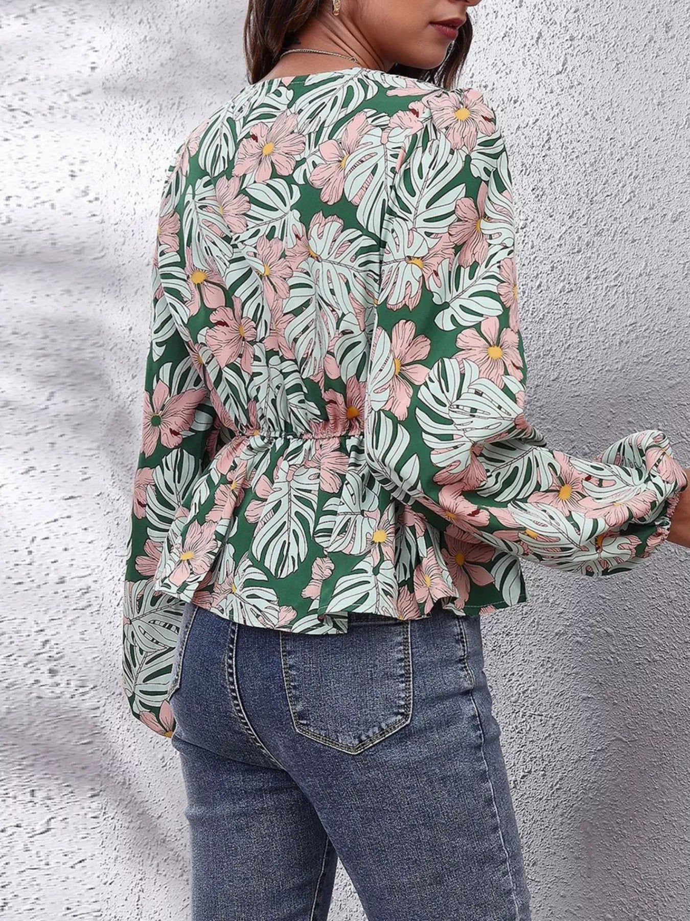 Floral V - Neck Balloon Sleeve Blouse - StyleLure