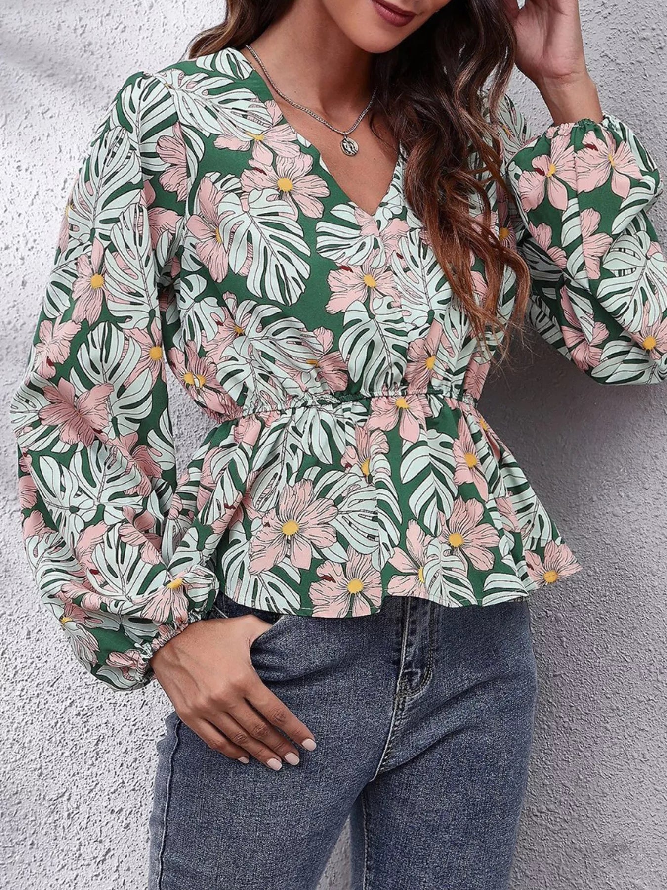 Floral V - Neck Balloon Sleeve Blouse - StyleLure