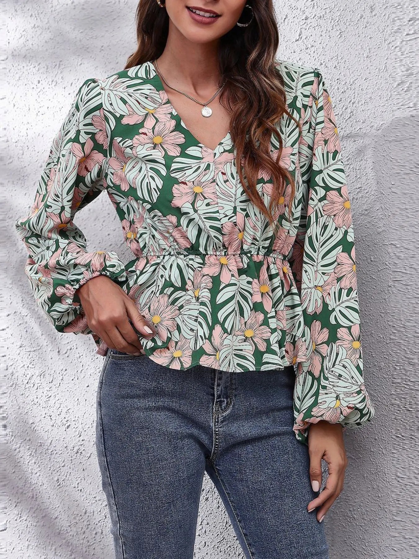 Floral V - Neck Balloon Sleeve Blouse - StyleLure