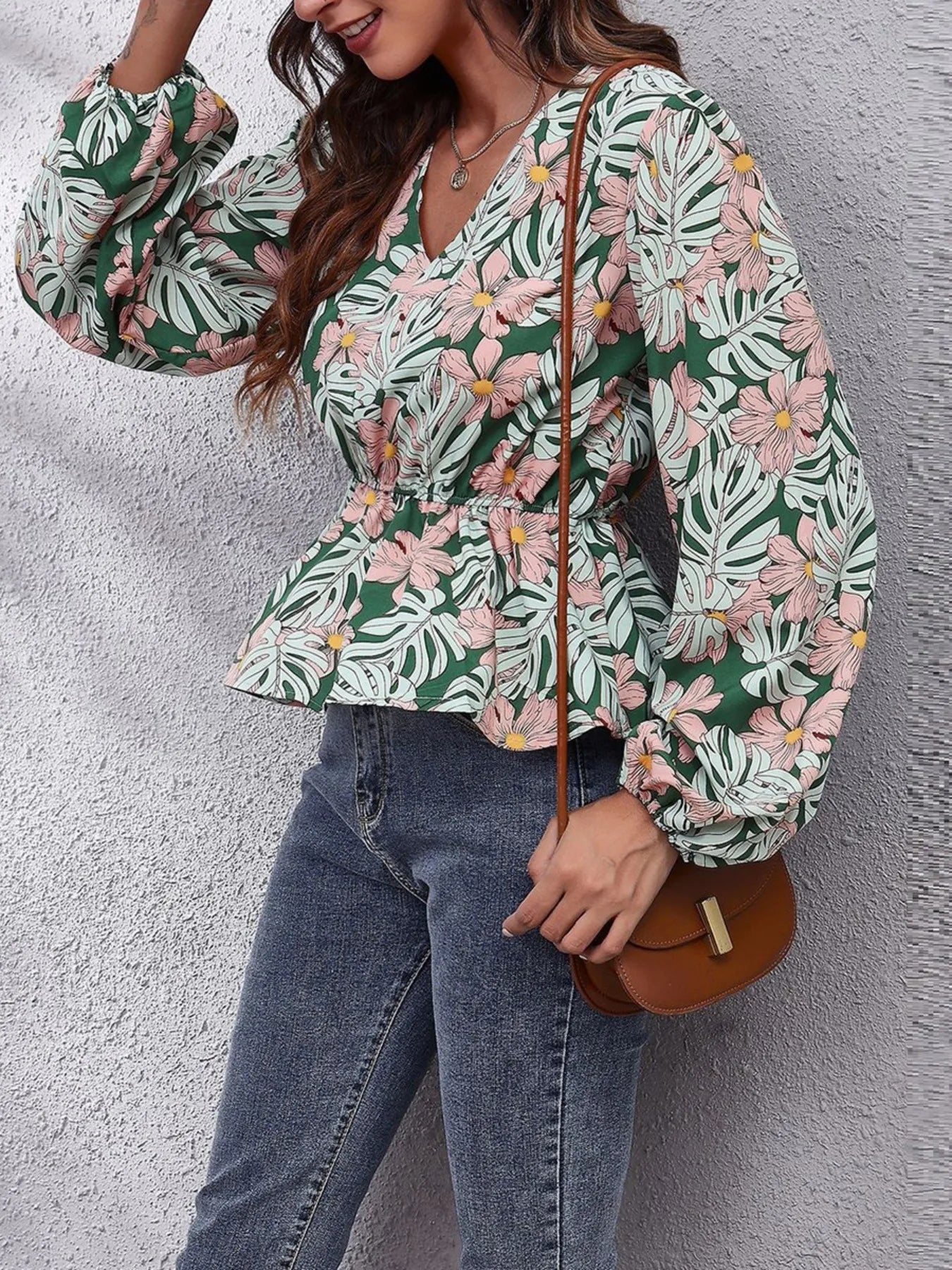 Floral V - Neck Balloon Sleeve Blouse - StyleLure
