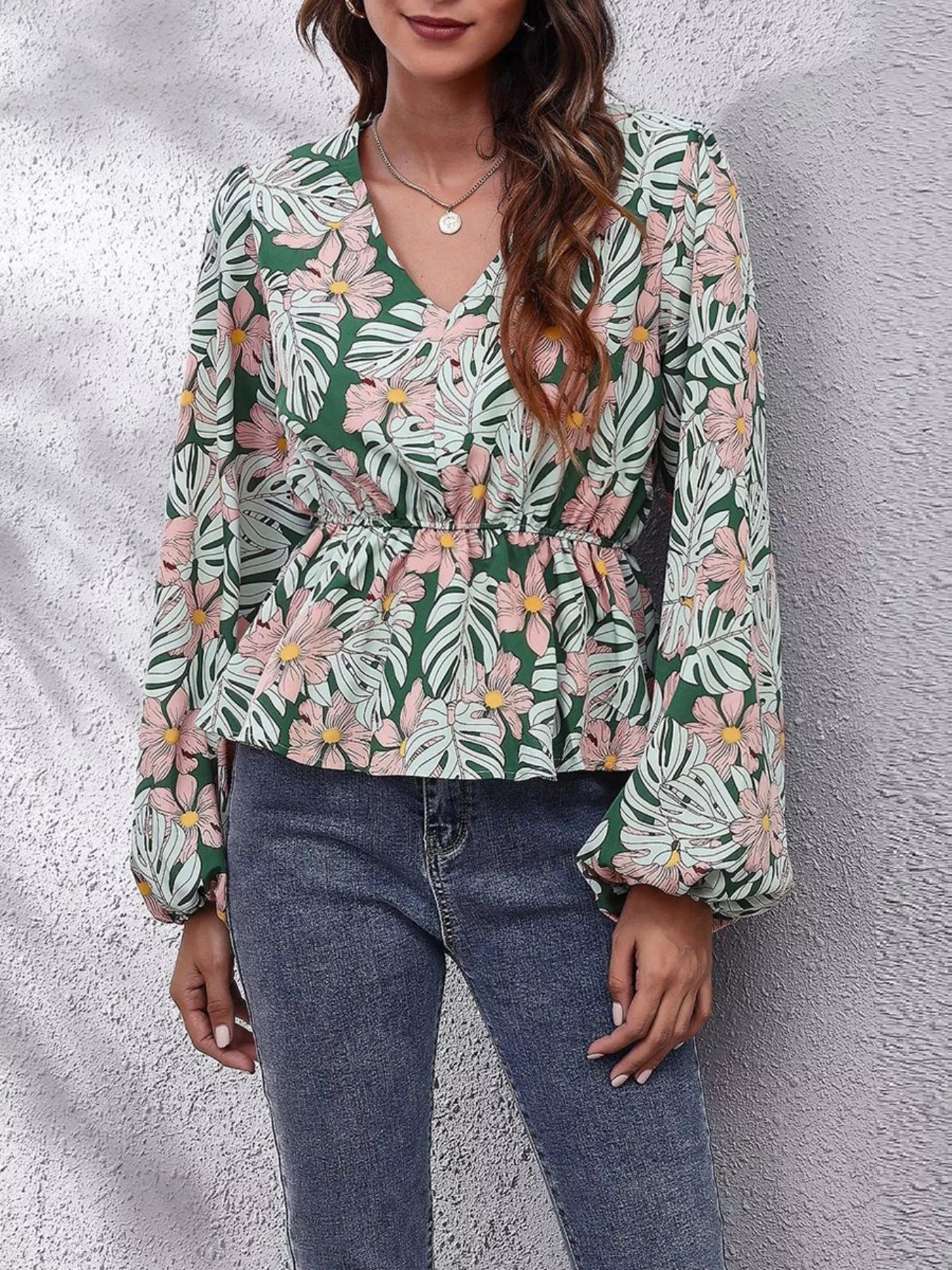 Floral V - Neck Balloon Sleeve Blouse - StyleLure