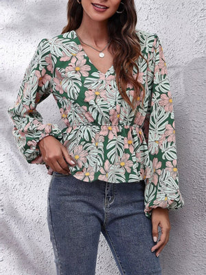 Floral V - Neck Balloon Sleeve Blouse - StyleLure