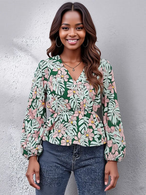 Floral V - Neck Balloon Sleeve Blouse - StyleLure