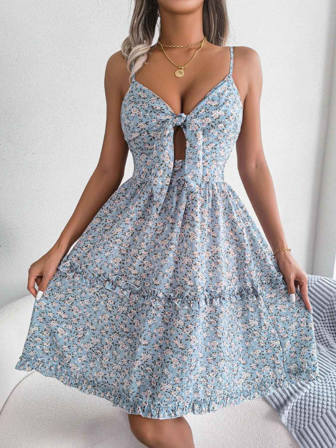 Frill Ditsy Floral Spaghetti Strap Mini Dress - StyleLure