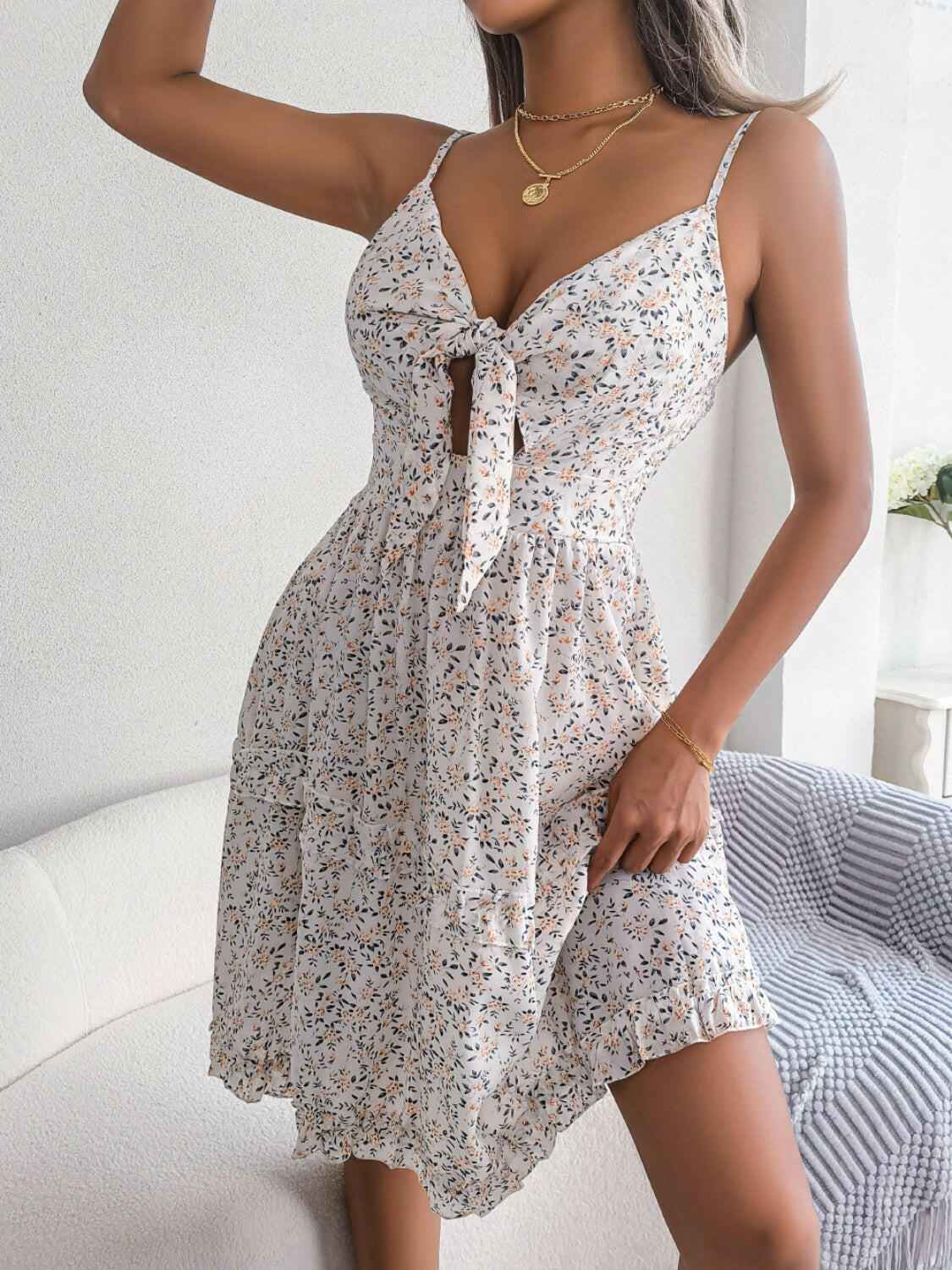 Frill Ditsy Floral Spaghetti Strap Mini Dress - StyleLure