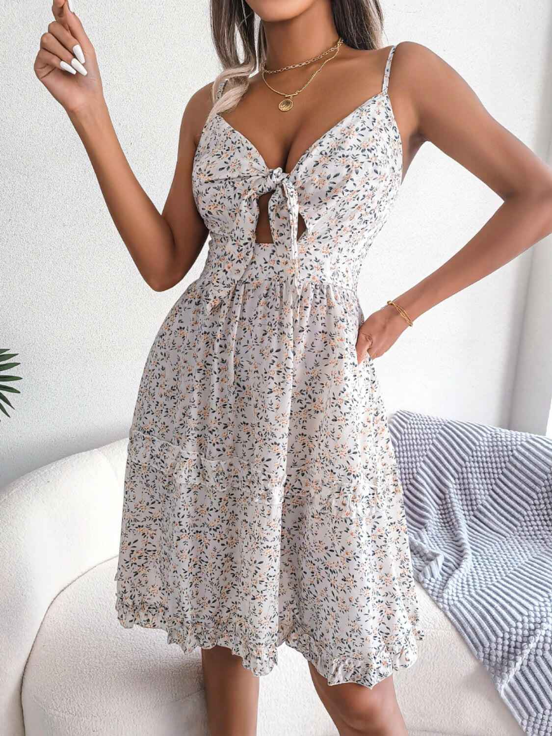 Frill Ditsy Floral Spaghetti Strap Mini Dress - StyleLure