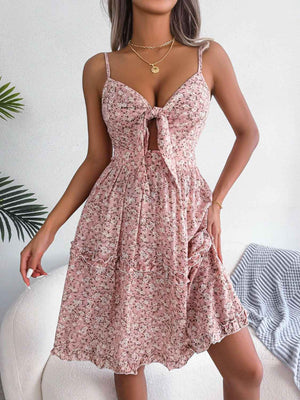 Frill Ditsy Floral Spaghetti Strap Mini Dress - StyleLure
