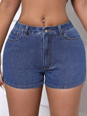 Fringe Back Denim Shorts with Pockets - StyleLure