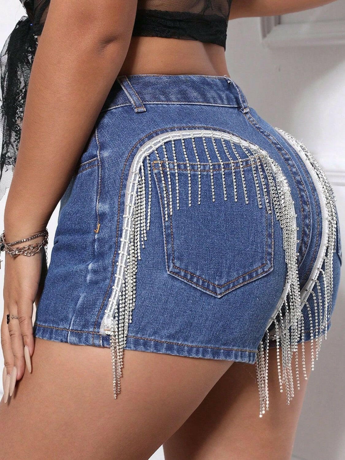 Fringe Back Denim Shorts with Pockets - StyleLure