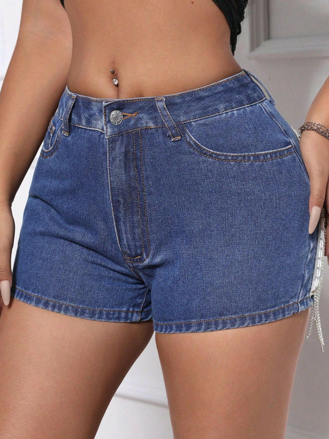 Fringe Back Denim Shorts with Pockets - StyleLure