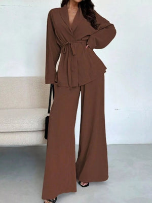 Front Tied Shirt and Wide - Leg Pants Set - StyleLure