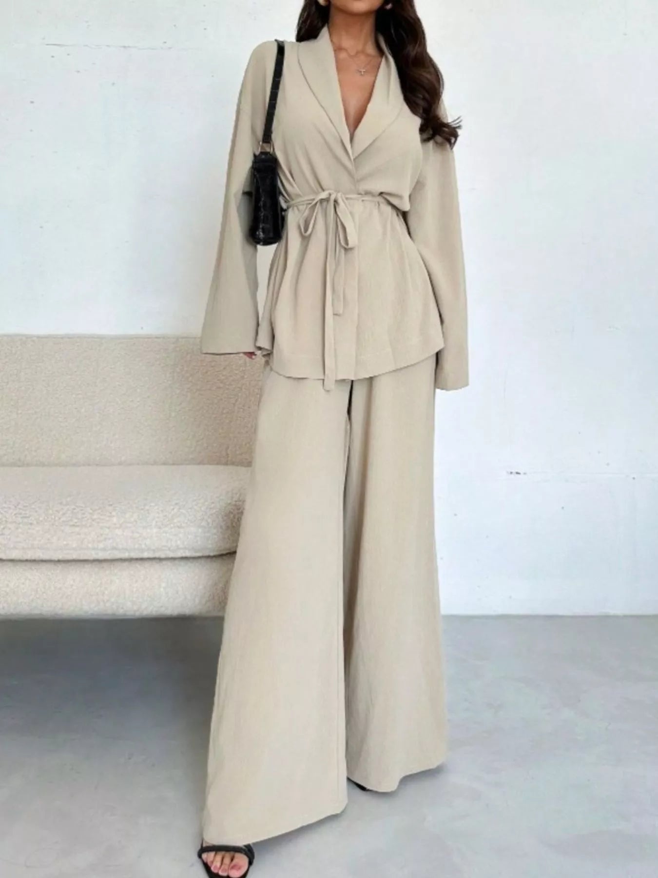 Front Tied Shirt and Wide - Leg Pants Set - StyleLure