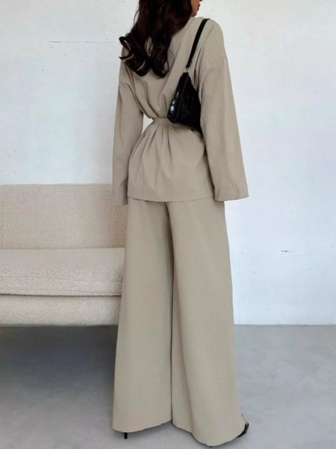 Front Tied Shirt and Wide - Leg Pants Set - StyleLure