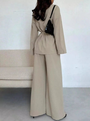 Front Tied Shirt and Wide - Leg Pants Set - StyleLure
