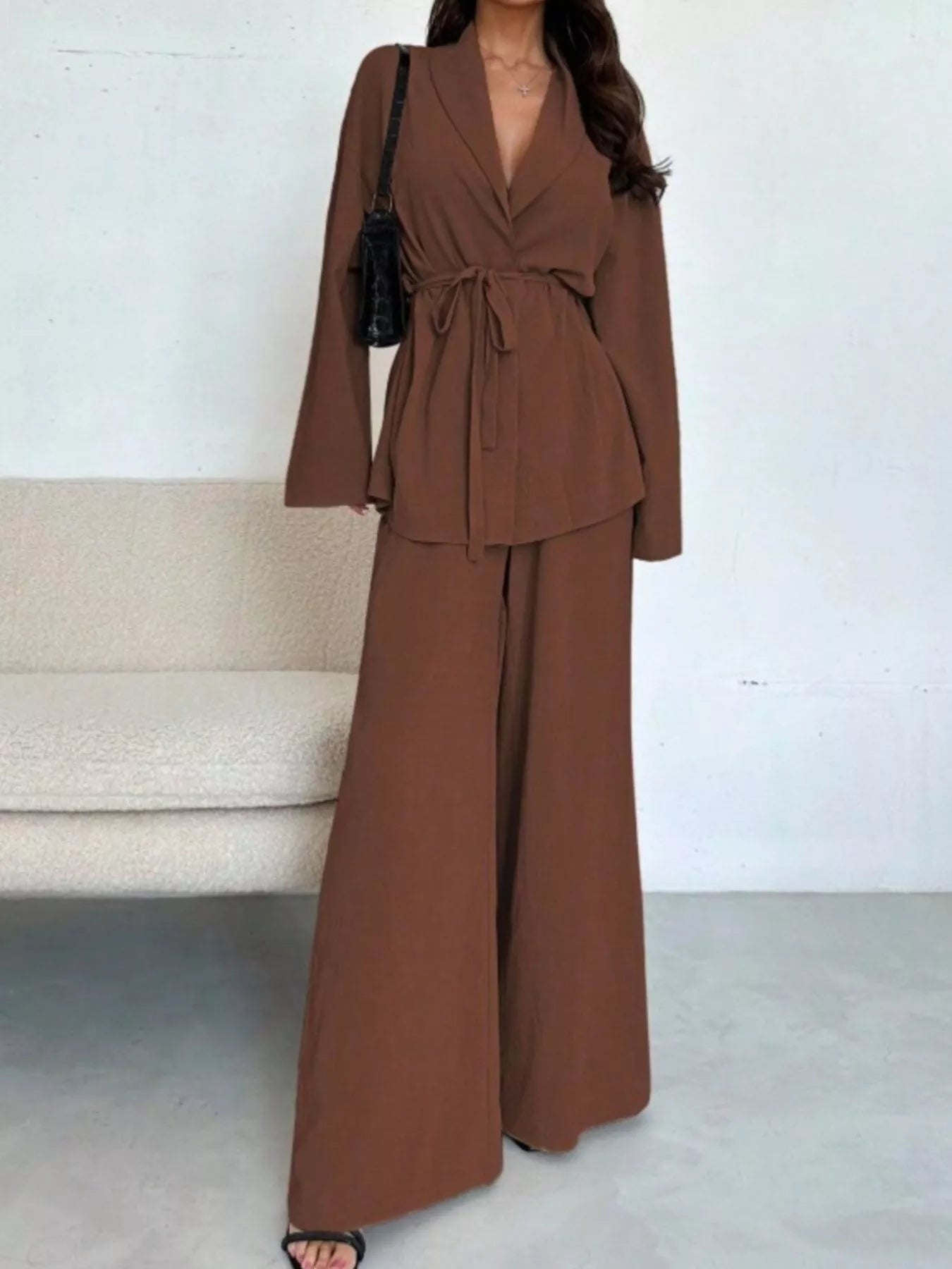 Front Tied Shirt and Wide - Leg Pants Set - StyleLure