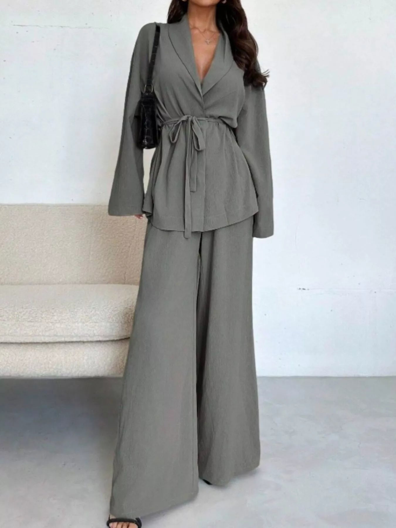 Front Tied Shirt and Wide - Leg Pants Set - StyleLure