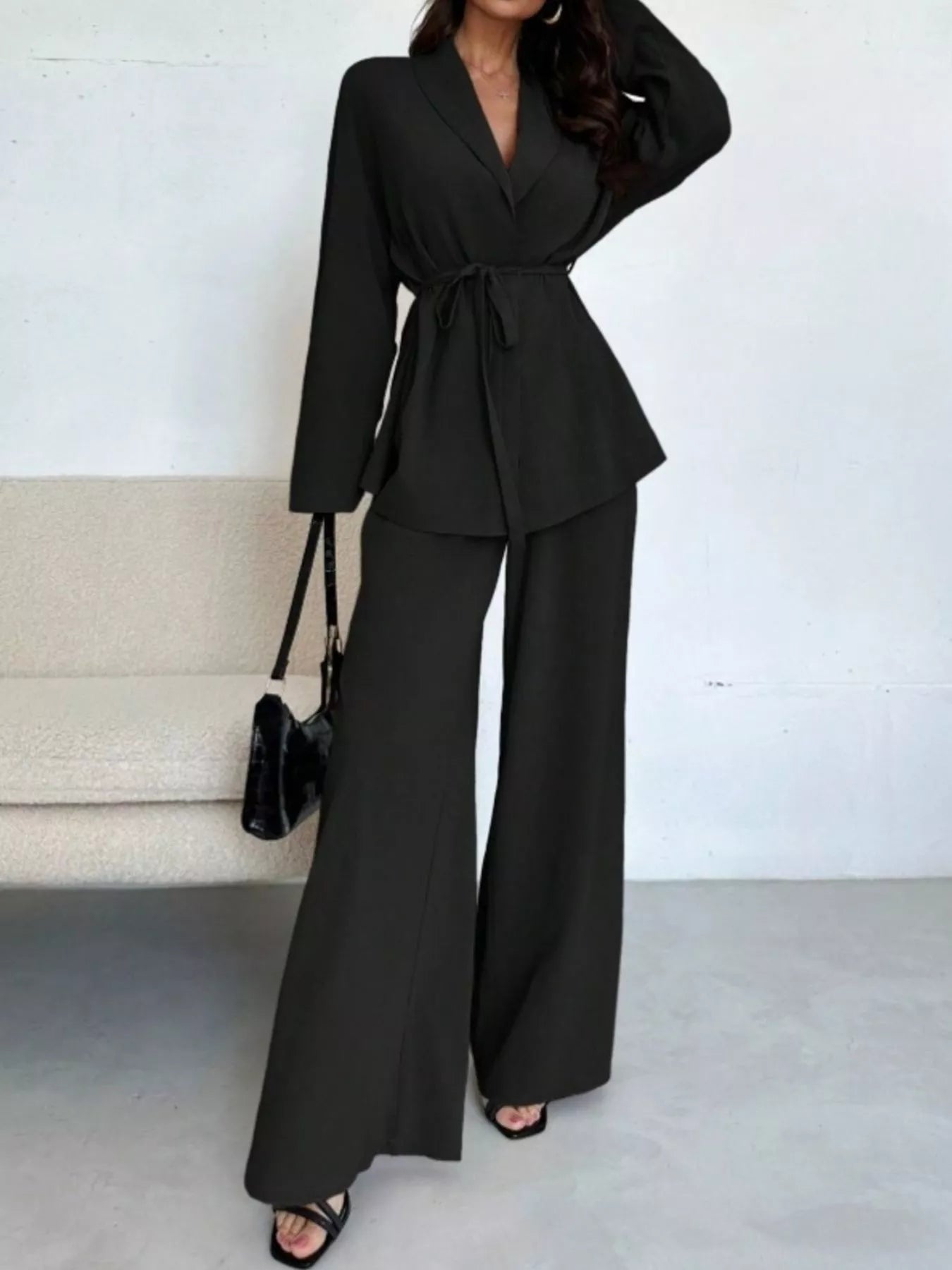Front Tied Shirt and Wide - Leg Pants Set - StyleLure