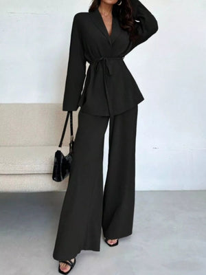 Front Tied Shirt and Wide - Leg Pants Set - StyleLure