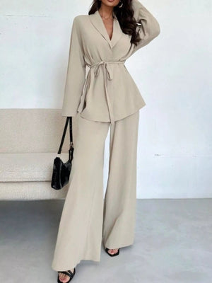 Front Tied Shirt and Wide - Leg Pants Set - StyleLure