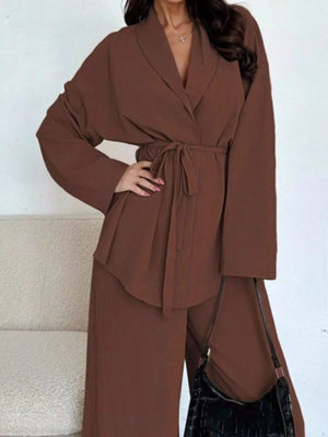 Front Tied Shirt and Wide - Leg Pants Set - StyleLure